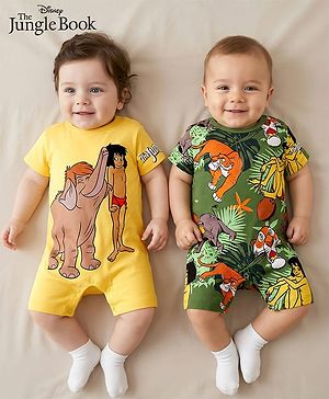 Babyhug Disney Interlock Knit Half Sleeve Romper With Mowgli & Friends Graphic Pack Of 2 - Yellow & Green