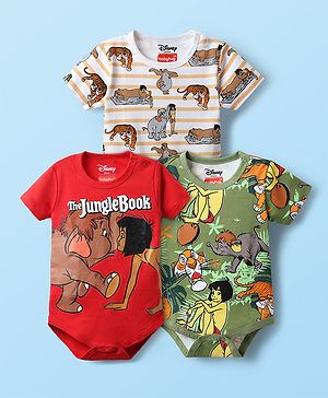 Babyhug Disney Interlock Knit Half Sleeves Onesies With Mowgli & Friends Graphics Pack of 3 - Red White & Olive Green