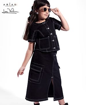 Arias Cotton Stretch Denim Half Sleeves Top With Three Fourth Length Skirt - Black