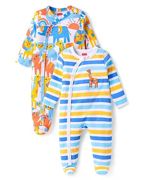 Babyhug Cotton Knit Full Sleeve Footed Sleepsuits With Stripes & Animal Pack Of 2 - Light Blue  & White
