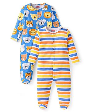 Babyhug Cotton Knit Full Sleeves Sleep Suit with Stripes and Animal Print Pack of 2 - Blue