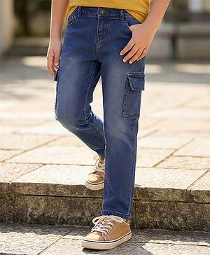 Pine Kids Woven Full Length Washed Denim Jeans With Cargo Pockets - Navy Blue