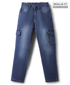 Pine Kids Woven Full Length Washed Denim Jeans With Cargo Pockets - Navy Blue