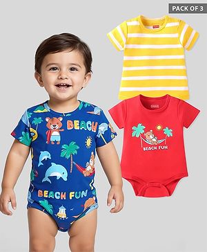 Babyhug 100% Cotton Knit Half Sleeves Onesies With Stripes & Animal Print Pack of 3 - Blue Red  & Yellow