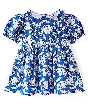 Babyhug Cotton Woven Puffed Sleeves Frock with Floral Print - Blue
