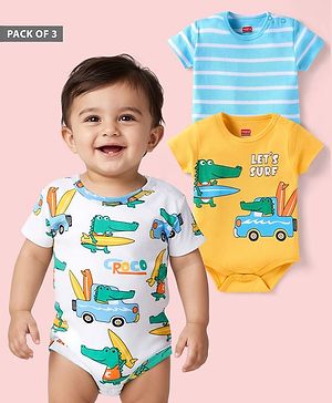 Babyhug 100% Cotton Knit Half Sleeves Onesies With Stripes & Dino Print Pack of 3 - Blue White  & Yellow