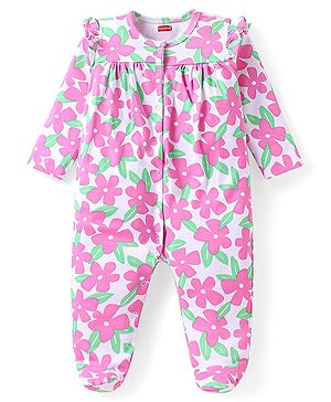 Babyhug Cotton Knit Full Sleeves Footed Sleep Suit with Floral Print - Pink