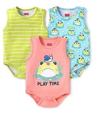 Babyhug 100% Cotton Knit Sleeveless
                              Onesies With Stripes & Animal Print
                              Pack of 3 - Peach Blue & Limegreen