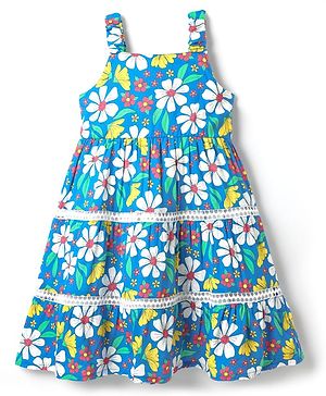 Babyhug Cotton Woven Sleeveless Frock With Floral Print & Lace Detailing - Light Blue