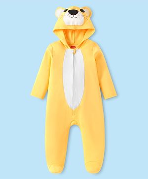 Babyhug Cotton Knit Full Sleeves Footed Sleepsuit with Bear Applique - Yellow