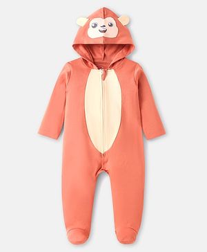 Babyhug Cotton Knit Full Sleeves Footed Sleepsuit with Hood & Bear Patch - Coral