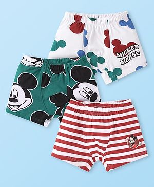 Babyhug Disney Single Jersey Knit Trunks with Mickey Mouse Graphics & Stripes Pack of 3 - White Green & Red