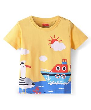 Babyhug Cotton Knit Half Sleeves T-Shirt with Boat Graphics - Yellow