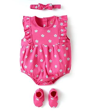 Babyhug 100% Cotton Knit Frill Sleeves Floral Printed Onesie With Headband & Booties - Dark Pink