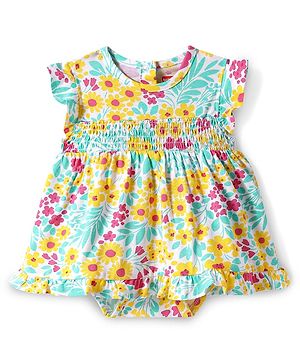 Babyhug 100% Cotton Knit Frill Sleeves Onesie with Floral Print & Smocking - Yellow