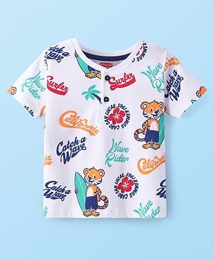 Babyhug Cotton Knit Half Sleeves Henley Neck T-Shirt with Tiger Print - White