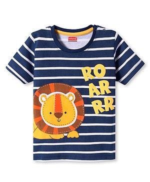 Babyhug Cotton Knit Half Sleeves Stripes T-Shirt with Lion Patch & Text Print - Navy Blue
