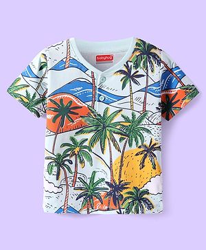 Babyhug Cotton Knit Half Sleeves Henley Neck T-Shirt with Tropical Theme Print - Light Blue