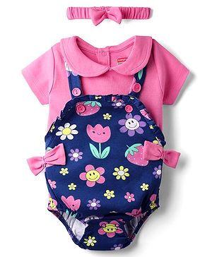 Babyhug 100% Cotton Knit Half Sleeves Floral Printed Onesie With Bow Applique & Headband - Pink & Navy Blue