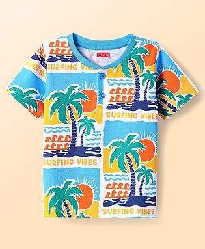 Babyhug Cotton Knit Half Sleeves T-Shirt With Beach Theme Print - Light Blue & White