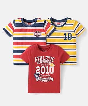 Babyhug Cotton Knit Half Sleeves T-Shirts with Stripes Design & Text Print Pack of 3 - Red & Yellow