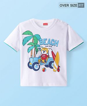 Babyhug Cotton Knit Half Sleeves Oversized T-Shirt with Beach Theme Print - White