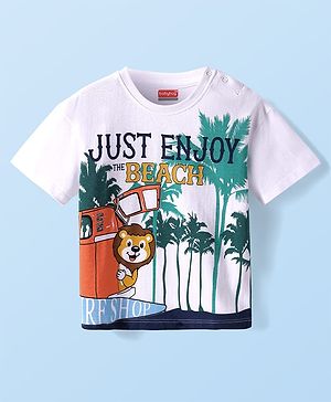 Babyhug Cotton Knit Half Sleeves T-Shirt With Beach Theme Print - White
