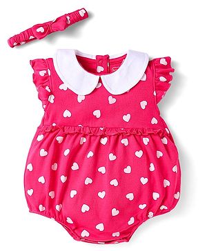 Babyhug 100% Cotton Knit Frill Sleeves Onesie With Heart Print & Headband - Dark Pink