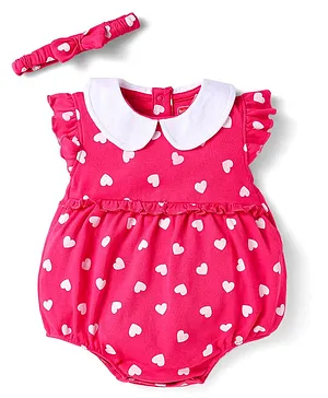 Babyhug 100% Cotton Knit Frill
                              Sleeves Onesie With Heart Print &
                              Headband - Dark Pink