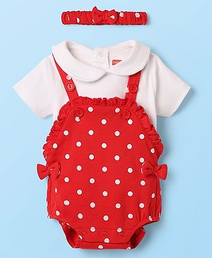 Babyhug 100% Cotton Knit Half Sleeves T-Shirt & Onesies with Hairband With Polka Dots - Red