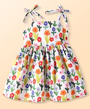 Babyhug Cotton Woven Sleeveless Anti Bacterial Frock with Floral Print - White Blue & Red