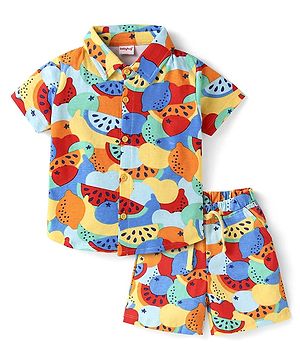 Babyhug Single Jersey Knit Half Sleeves Co-ords Shirt & Shorts Set with Fruits Print - Multicolor