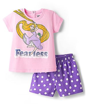 Babyhug Disney Single Jersey Knit Half Sleeves Shorts Night Suit With Rapunzel Graphic - Pink & Purple