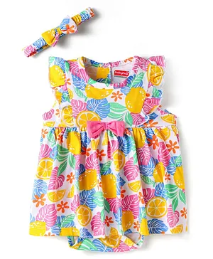 Babyhug 100% Cotton Knit Sleeveless
                              Printed Onesies With Hairband - Yellow