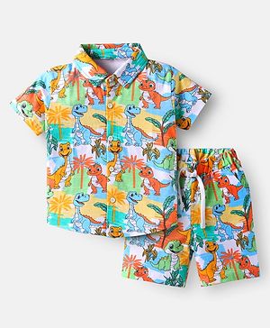 Babyhug Single Jersey Knit Half Sleeves Shirt & Shorts Co-Ord Set With Dino Print - Multicolor