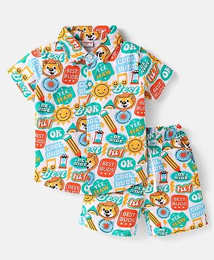 Babyhug Single Jersey Knit Half Sleeves Co-ords Shirt & Shorts Set with Text Print - White