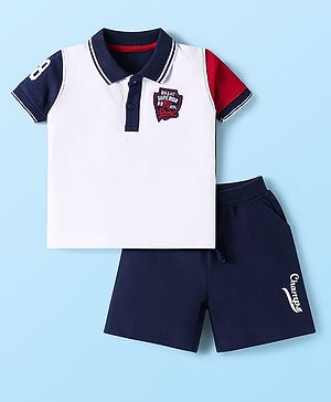 Babyhug Single Jersey Knit Half Sleeves T-Shirt & Shorts Set With Text Patch - White & Navy Blue
