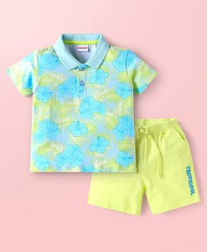 Babyhug Single Jersey Knit Half Sleeves Polo T-Shirt & Shorts Set With Floral Print - Light Blue & Green