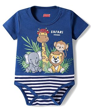 Babyhug 100% Cotton Knit Half Sleeves Onesie with Animal Print - Navy Blue