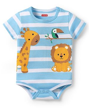 Babyhug 100% Cotton Knit Half Sleeves Onesie With Stripes & Animal Print - Light Blue