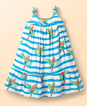 Babyhug Cotton Woven Sleeveless Striped Frock With Bird Print - Light Blue & White