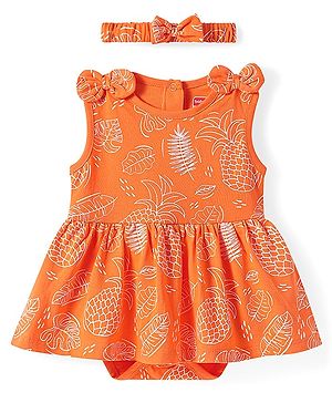 Babyhug 100% Cotton Knit Sleeveless Tropical Theme Printed Frock Style Onesie with Headband & Bow Applique - Orange
