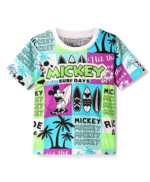 Babyhug Disney Single Jersey Knit Half Sleeves T-Shirt with Mickey Mouse Graphics - Light Blue