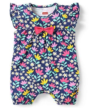Babyhug 100% Cotton Knit Frill Sleeves Romper  with Floral Print & Bow Applique - Navy Blue