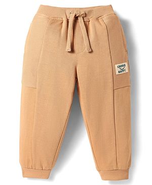 Babyhug Cotton Looper Knit Full Length Lounge Pant With Text Print - Tan