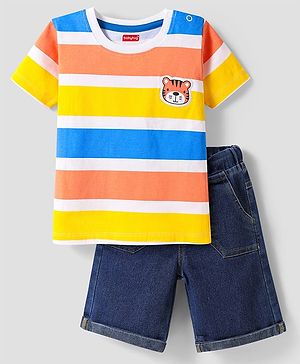 Babyhug Single Jersey Knit Half Sleeves T-Shirt & Denim Shorts Set with Tiger Patch & Stripes - Navy Blue & White