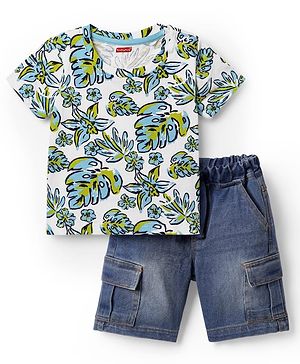 Babyhug Single Jersey Knit Half Sleeves T-Shirt & Denim Shorts Set with Leaves Print - Blue & White