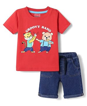Babyhug Single Jersey Knit Half Sleeves T-Shirt & Denim Shorts Set With Animal Print - Red & Blue
