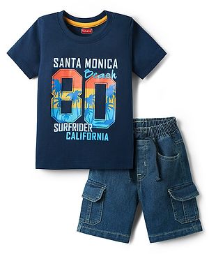 Babyhug Single Jersey Knit Half Sleeves T-Shirt & Denim Shorts Set With California Print - Navy Blue