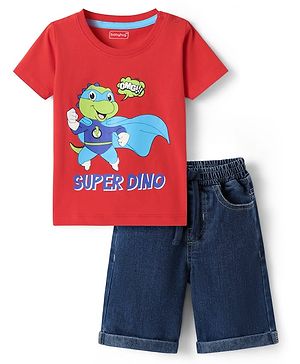 Babyhug Single Jersey Knit Half Sleeves T-Shirt & Denim Shorts Set With Dino Print - Red & Blue